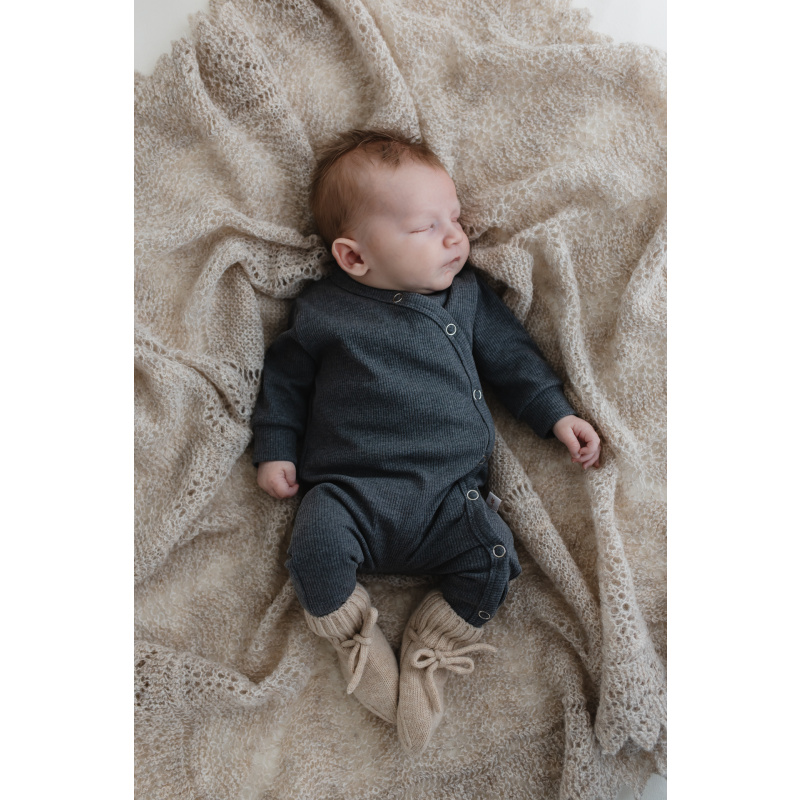 Hello Little You - Boxpakje rib donkergrijs grijze rib maat 50, slofjes merino wol zand