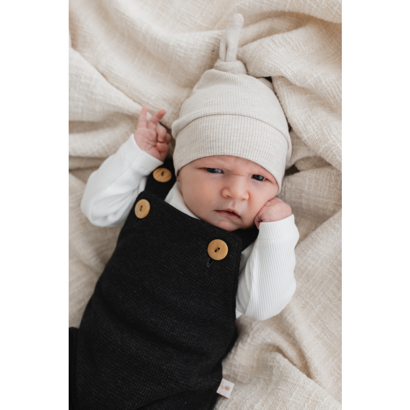 Hello Little You - tuinpakje wafel grijs, longsleeve rib ecru, newborn mutsjr rib melange beige